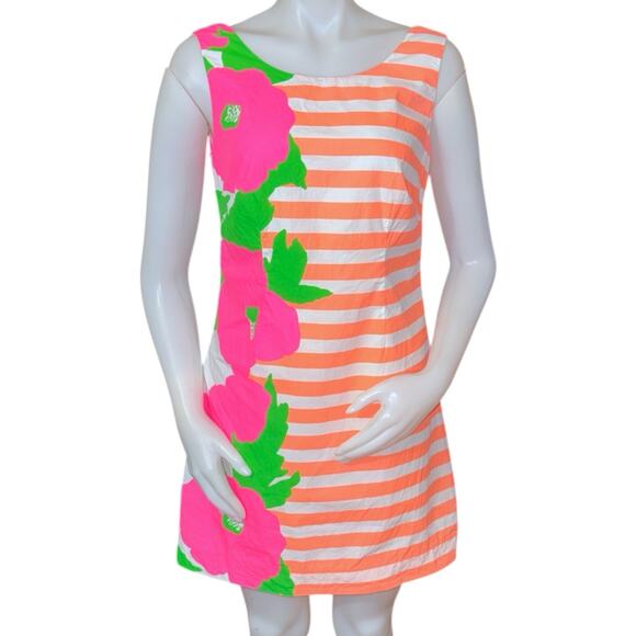 Lilly Pulitzer Dresses & Skirts - Lilly Pulitzer Delia Sunrise Stripe Floral Shift Dress Orange Pink Green Size 4